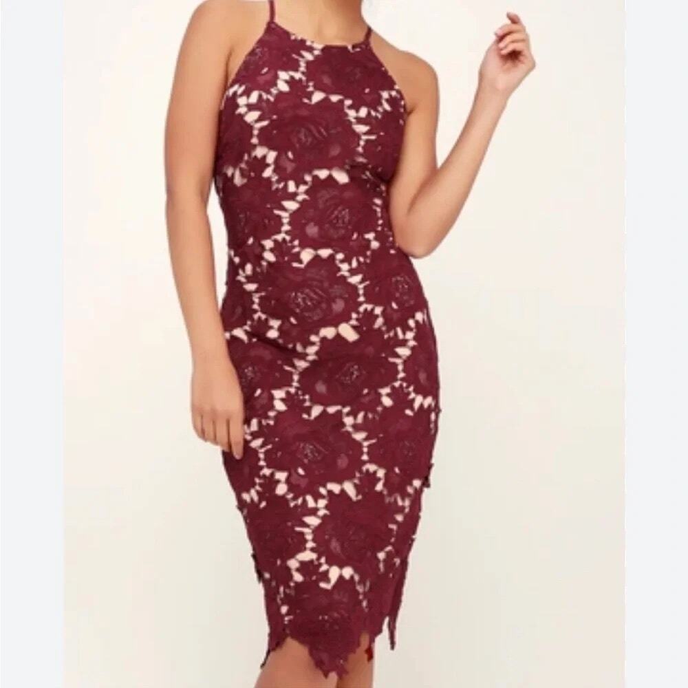 Lulus Floral Lace Sleeveless Fitted Midi Dress Maroon Red Small